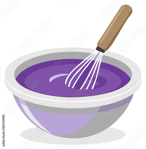 Wire whisk stirring purple batter or icing in a mixing bowl vector illustration.