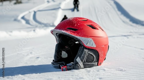 Bright red ski helmet covered with light snow resting on a pristine groomed snow surface. Essential protective gear for winter sports and outdoor adventures