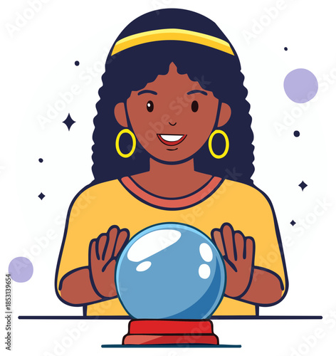 Illustration of a dark-haired woman using a crystal ball to predict future fortune.