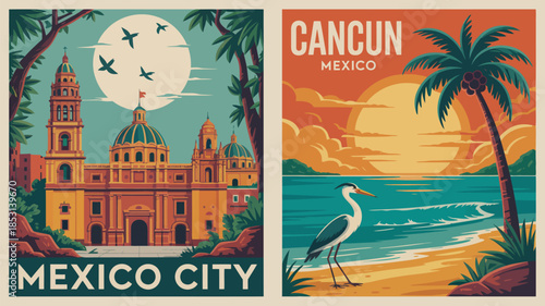 Travel poster of Mexico featuring Cancun beaches and Mexico City skyline generated AI illustration for tourism promotion vacation advertising wall decor and modern travel branding