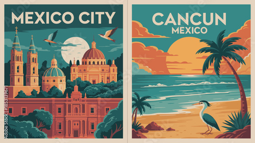 Travel poster of Mexico featuring Cancun beaches and Mexico City skyline generated AI illustration for tourism promotion vacation advertising wall decor and modern travel branding