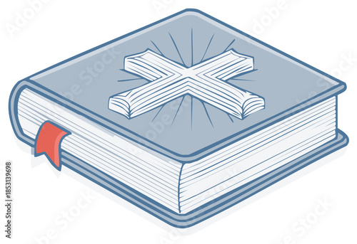 Closed Bible book with cross emblem on cover and red bookmark ribbon