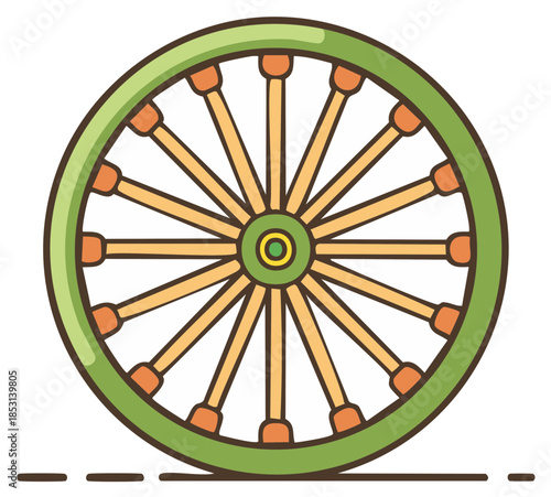 Cartoon green wooden wheel, vintage cart icon, spoke design, vector illustration, line art