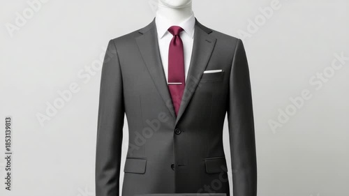 Mannequin displaying a stylish dark grey suit with a crisp white shirt, burgundy tie, and silver tie clip. Professional business attire for modern elegance and fashion