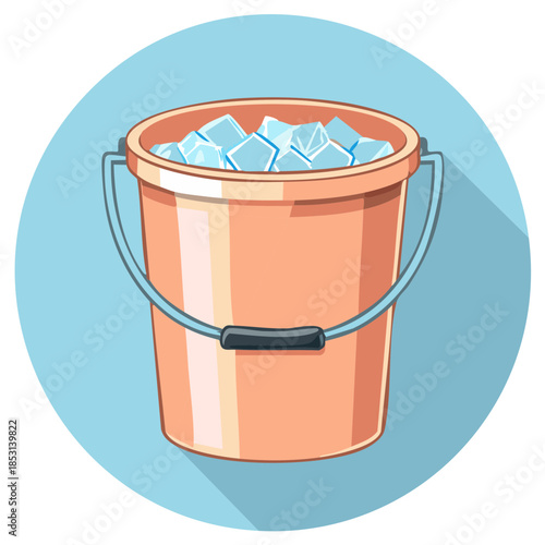 Bucket with ice cubes on a light blue circle. Illustration in a cartoon style.