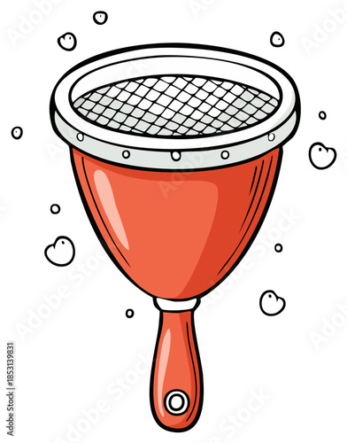 Cartoon illustration of a red kitchen strainer or sieve with a mesh screen and bubbles
