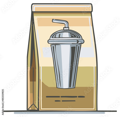 Graphic image of a disposable cup printed on a brown paper takeout bag with a straw for business