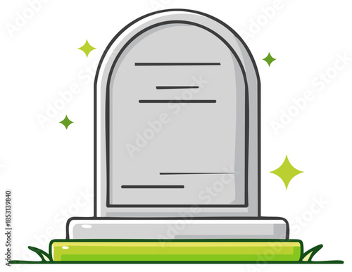 Illustrative gray gravestone standing on green grass with bright shining stars