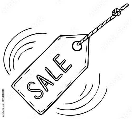 Hand Drawn Sale Tag Dangling and Waving with String and Rope Knot