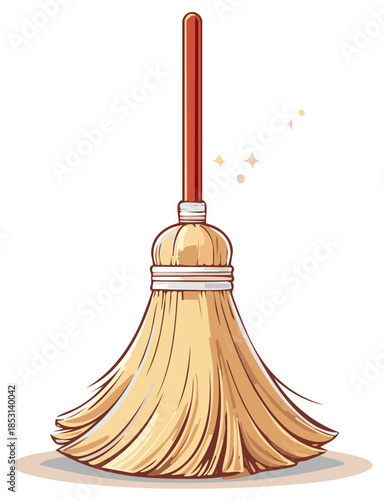 Stylized Housecleaning Straw Broom with Magical Sparkles Vector Illustration