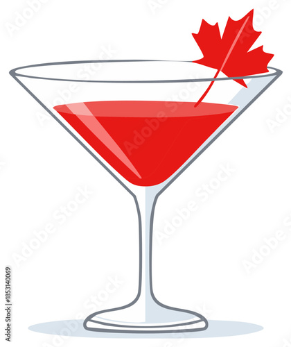 Red cocktail in martini glass with a stylized maple leaf garnish