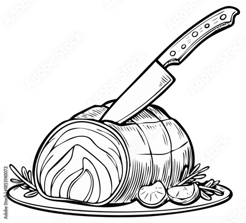 Black and white hand drawn illustration of a roasted meat roulade with a carving knife on a platter