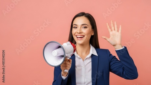 Smiling businesswoman with megaphone waving hand