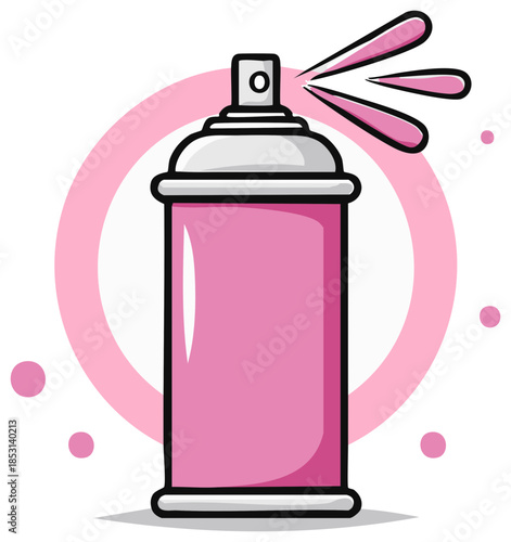 Illustration of pink spray paint can releasing paint with circle backdrop and dots