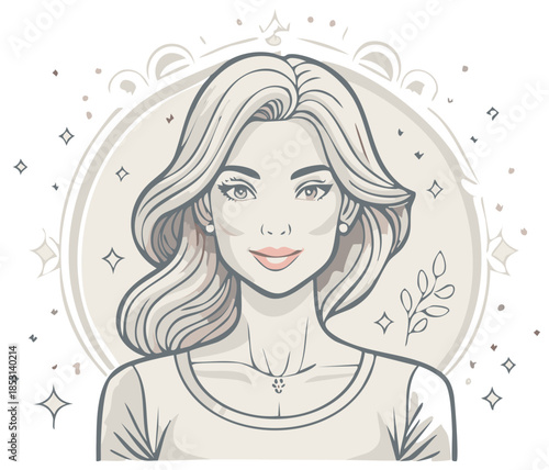 Charming Woman Portrait with Flowing Hair and Starry Embellishments