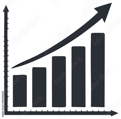 Hand drawn bar chart illustration showing a positive trend with an upward arrow symbol of growth