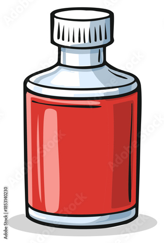 Cartoon bottle with red liquid inside suitable for medicine or syrup, vector illustration