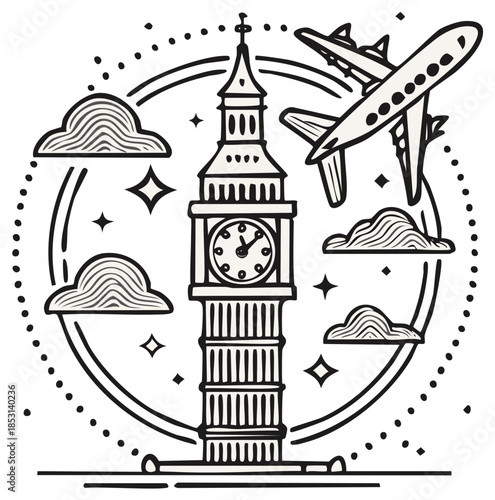 Big Ben Tower with Airplane and Clouds: Travel Illustration in Vector