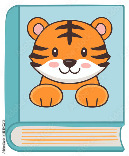 Adorable cartoon tiger face peeking out of storybook cover illustration, cute and playful