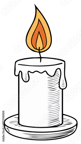 Hand Drawn Illustration of a Lit White Candle with Dripping Wax on a Circular Base
