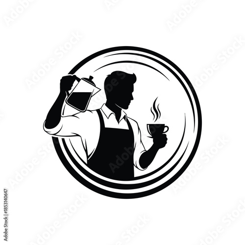 A man in apron pouring coffee logo icon silhouette vector illustration