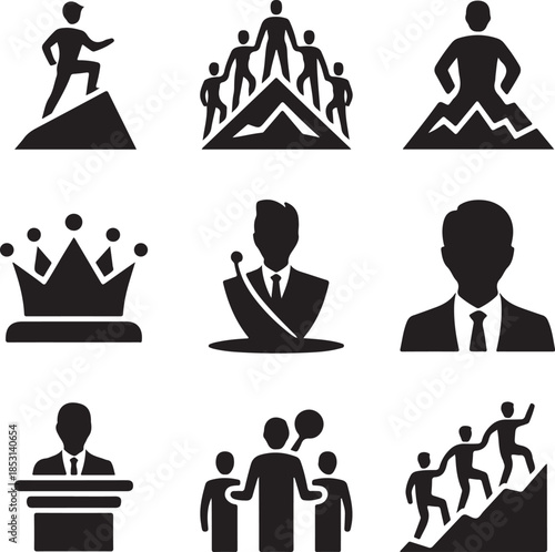 Leadership success, business teamwork, career growth, mountain peak, public speaker, achievement crown, helping hand, corporate leader