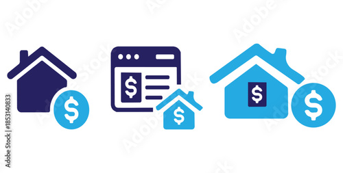House for sale and home for rent icons. Buy property, online listing and lease agreement vector symbols set