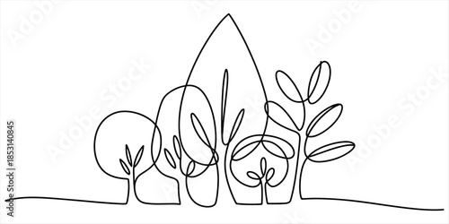 Minimalist single line drawing of diverse trees and plants Vector, illustration