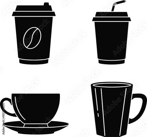 Black and white beverage vector collection including hot espresso cups and iced coffee plastic containers for cafe menu graphic design