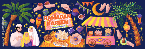 Ramadan Kareem. Vector illustration with Muslim family praying, iftar food, lanterns,
 crescent moon, palm trees and festive decorations for Islamic holiday, symbols design, greeting card and banner