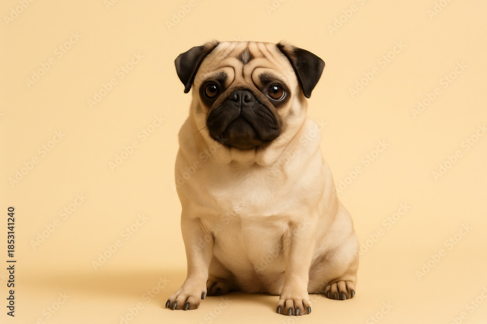 Obraz premium Adorable fawn pug sitting in studio against warm yellow background, soft fur and wrinkles, looking attentively at the camera, portrait