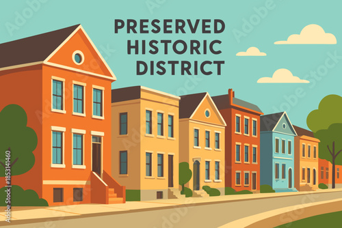 Preserved Historic District Illustration with Colorful Old Town Houses