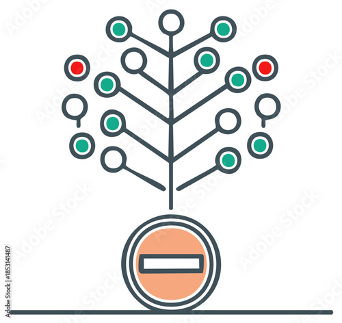 Error Analysis: Digital tree displaying interconnected network data with indicators for failures, problem diagnosis illustration