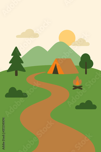 Minimal Camping Landscape Illustration with Tent and Forest Path