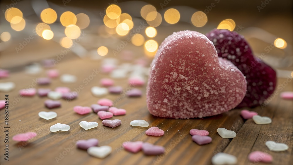 Fototapeta premium Sweet heart-shaped candies on wooden surface