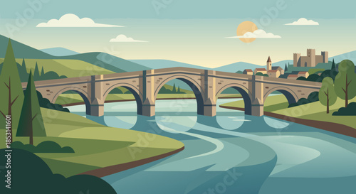 River Bridge Landscape Illustration with Countryside City View