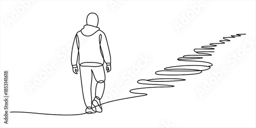 Man walking up a winding path towards an unknown future Vector, illustration