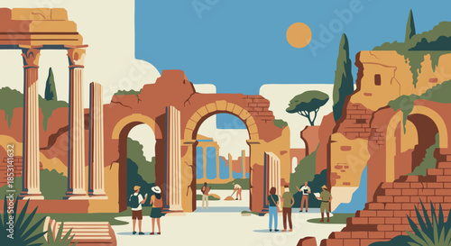 Ancient Ruins and Arch Illustration in Historical Travel Style