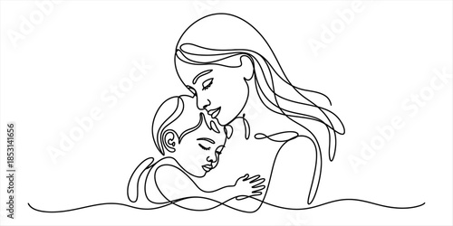 A mother's tender embrace captured in a minimalist continuous line drawing Vector, illustration