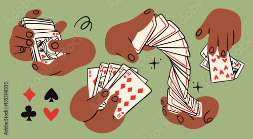 Hands shuffle, hold, take cards, playing cards, card suits. Hand drawn trendy Vector illustration. Tournament, casino, poker, gambling, game, croupier, entertainment concept. Isolated design elements