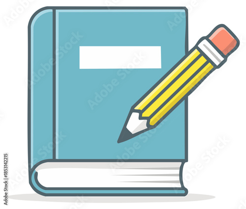 Blue hardcover book with a pencil icon for journaling, studying, or school homework concept