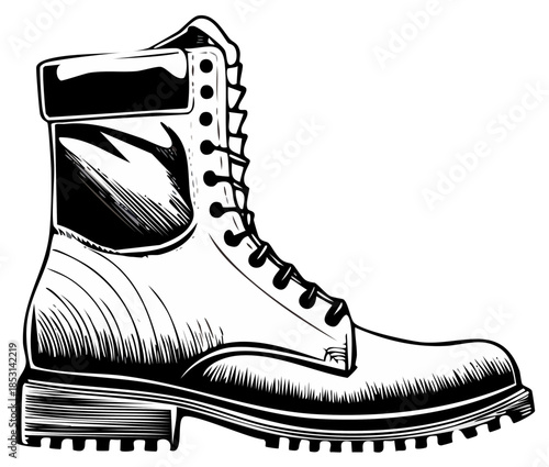 Vintage style vector illustration of a rugged hiking boot with prominent laces