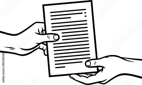 Hand passing document to another hand. Transaction agreement concept. Simple black outline vector icon for business, contract, deal, transfer
