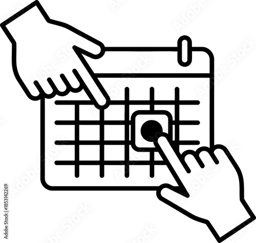 Hands selecting a date on a calendar grid, concept of scheduling, time management, event planning. Simple outline vector illustration