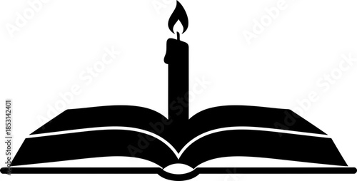 Open book with a lit candle, representing knowledge, education, study, wisdom, religion, and spirituality. Simple flat vector icon