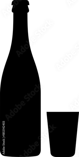 Silhouette bottle and shot glass icon. Alcohol beverage container concept. Vector illustration simple graphic symbol for drink menu, bar, web