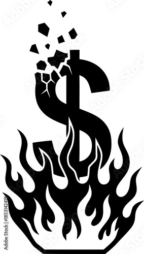 Dollar symbol dissolving into particles while burning with flame, representing financial crisis and loss. Vector illustration on isolated background