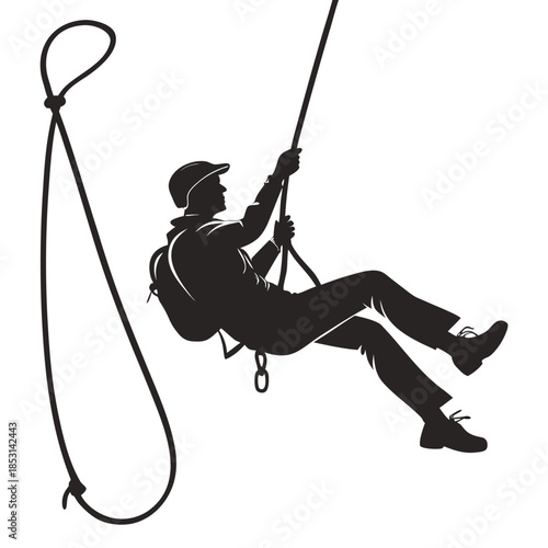 Vector illustration black silhouette of a man rappelling down a rope