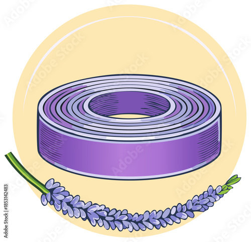 Illustrated Lavender Roll and Sprig - Decorative Purple Floral and Craft Design on Soft Yellow Circle Background