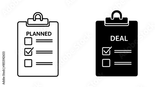 Two Clipboard Checklist Icons, Line and Solid Style